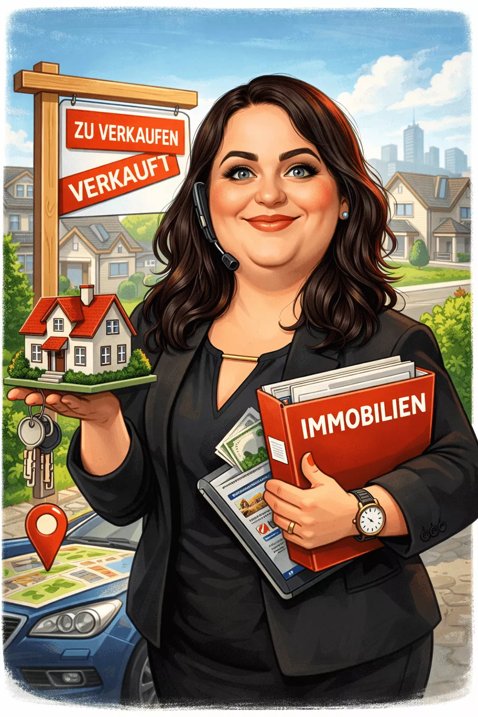 Karikatur von Anna Sordon, Immobilienmaklerin